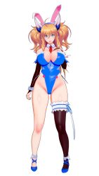 Rule 34 | 1girl, 3d, :p, alternate costume, animal ears, artist request, blonde hair, blue eyes, blue leotard, blush, breasts, cleavage, curvy, detached collar, fake animal ears, full body, gloves, hand on own chest, happy, highleg, highleg leotard, highres, huge breasts, large breasts, leotard, long hair, looking at viewer, official alternate costume, onizaki kirara, playboy bunny, rabbit ears, revealing clothes, shiny skin, sitting, smile, taimanin (series), taimanin rpgx, thong leotard, tongue, tongue out, twintails, white background