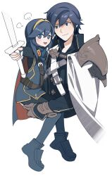 Rule 34 | 1boy, 1girl, :d, armor, blue cape, blue eyes, blue hair, cape, carrying, chrom (fire emblem), father and daughter, fire emblem, fire emblem awakening, gloves, hair between eyes, highres, holding, holding sword, holding weapon, long hair, long sleeves, looking at another, lucina (fire emblem), nintendo, open mouth, red cape, salted whale, short hair, shoulder armor, smile, sword, tiara, weapon, white cape