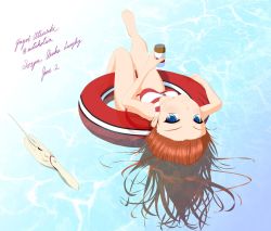 Rule 34 | 1girl, afloat, angel (evangelion), ass, bare legs, barefoot, bikini, blue eyes, breasts, brown hair, can, cleavage, gaghiel (evangelion), highres, holding, holding can, looking at viewer, looking back, lying, medium breasts, mitukotan, neon genesis evangelion, red bikini, shiny skin, simple background, size difference, souryuu asuka langley, striped bikini, striped clothes, swimsuit, twitter username, water