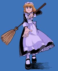 Rule 34 | 1other, androgynous, apron, black dress, black eyes, blonde hair, blue background, broom, crystal earrings, dress, earrings, frilled apron, frills, full body, highres, holding, holding broom, hunter x hunter, jewelry, kurapika, long sleeves, looking at viewer, maid, maid apron, maid headdress, short hair, simple background, solo, tiredhomeboi, white apron