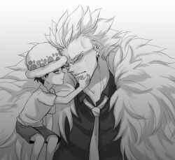 Rule 34 | 2boys, age difference, aged down, cheese neko3, donquixote doflamingo, feather coat, hat, height difference, imminent kiss, looking at another, male focus, monochrome, multiple boys, necktie, one piece, onii-shota, shirt, short hair, short sleeves, shorts, size difference, sunglasses, trafalgar law, yaoi