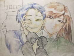 Rule 34 | 4boys, blue hair, blue jacket, brown hair, chinese commentary, closed mouth, collared shirt, colored pencil (medium), commentary request, eyes visible through hair, frown, green sweater, grin, hand on own face, harada minoru, harada mutei, highres, jacket, multiple boys, one eye closed, open mouth, s-sullivan, saibou shinkyoku, shirt, short hair, silhouette, smile, sweater, swept bangs, traditional media, utsugi noriyuki, utsugi rangiri, white shirt, yellow eyes