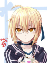 Rule 34 | 1girl, ahoge, artoria pendragon (all), artoria pendragon (fate), blonde hair, brown eyes, choker, collarbone, cup, fate/grand order, fate (series), glasses, hair ribbon, haura akitoshi, holding, hood, hooded jacket, jacket, looking at viewer, mug, mysterious heroine x alter (fate), mysterious heroine x alter (second ascension) (fate), parted lips, ribbon, saber (fate), solo, twitter username