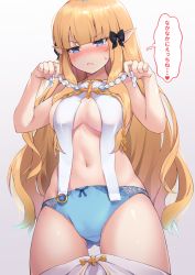 Rule 34 | 1girl, bare arms, black bow, blonde hair, blue eyes, blunt bangs, blush, bow, braid, breasts, bushinofuji, closed mouth, commentary request, frown, gluteal fold, hair bow, hair ornament, hands up, highres, holding, long hair, looking down, medium breasts, navel, panties, pointy ears, princess connect!, saren (princess connect!), simple background, solo, speech bubble, sweat, thought bubble, underwear, very long hair