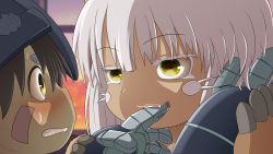 Rule 34 | 1boy, 1other, absurdres, androgynous, biting, brown hair, chainsaw man, child, commentary, dark-skinned male, dark skin, english commentary, facial mark, finger biting, furry, helmet, highres, horizontal pupils, looking at another, made in abyss, mechanical arms, nanachi (made in abyss), pointy ears, regu (made in abyss), scene reference, smugbuns, sweatdrop, whiskers, white hair, yellow eyes