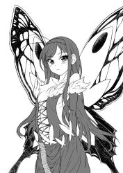 Rule 34 | 10s, 1girl, accel world, akihazama, antenna hair, bad id, bad pixiv id, bare shoulders, black hair, breasts, butterfly wings, cleavage, dress, greyscale, headband, insect wings, kuroyukihime, long hair, looking at viewer, monochrome, small breasts, solo, wings