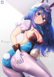 Rule 34 | 1girl, alternate breast size, animal ears, animal hat, artist logo, artist name, ass, backless outfit, blue eyes, blue hair, blue leotard, blush, breasts, chinchongcha, cleavage, closed mouth, cowboy shot, easter, easter egg, egg, embarrassed, fake animal ears, fake tail, fire emblem, fire emblem awakening, fire emblem heroes, gloves, grey background, hair between eyes, hand on own ass, hat, highres, leaning forward, leotard, long hair, looking at viewer, lucina (fire emblem), lucina (spring) (fire emblem), medium breasts, nintendo, official alternate costume, pantyhose, playboy bunny, rabbit ears, rabbit hat, rabbit tail, shadow, sideboob, signature, simple background, solo, tail, tareme, two-tone background, white background, white gloves, white hat, white pantyhose