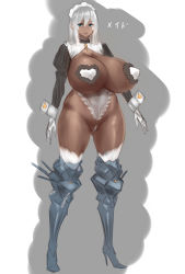 Rule 34 | 1girl, armor, blue eyes, breasts, covered erect nipples, covered navel, dark-skinned female, dark skin, eyes visible through hair, fur trim, gloves, greaves, hair between eyes, hayama kazusa, high heels, highres, huge breasts, long hair, maid, maid headdress, original, puffy sleeves, silver hair, sketch, solo, standing, thick thighs, thighs, tight clothes, white gloves