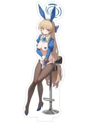 Rule 34 | 1girl, absurdres, animal ears, areola slip, bar stool, blonde hair, blue archive, blue bow, blue eyes, blush, bow, bowtie, breasts, closed mouth, fake animal ears, full body, halo, heart pasties, high heels, highres, leotard, long hair, looking at viewer, meme attire, pasties, playboy bunny, rabbit ears, revealing clothes, reverse bunnysuit, reverse outfit, shrug (clothing), simao (x x36131422), simple background, sitting, solo, stool, thighhighs, toki (blue archive), toki (bunny) (blue archive), very long hair, white background