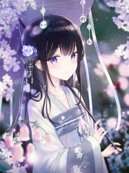 Rule 34 | 1girl, black hair, blurry, blurry background, blurry foreground, blush, chinese clothes, closed mouth, collarbone, commentary request, depth of field, flower, hair flower, hair ornament, hanfu, highres, holding, holding umbrella, iren lovel, long hair, long sleeves, looking at viewer, oil-paper umbrella, original, purple eyes, purple flower, purple umbrella, rose, sleeves past wrists, smile, solo, umbrella, very long hair, white flower, white rose, wide sleeves