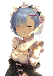 Rule 34 | 1girl, black ribbon, blue hair, blush, breasts, cleavage, closed eyes, closed mouth, commentary request, crying, detached sleeves, dress, facing viewer, flower knot, frilled sleeves, frills, grin, hair ornament, hair over one eye, hair ribbon, highres, jitter k, maid, maid headdress, medium breasts, pink ribbon, re:zero kara hajimeru isekai seikatsu, rem (re:zero), ribbon, ribbon trim, roswaal mansion maid uniform, sad smile, short hair, simple background, smile, solo, streaming tears, tears, upper body, white background, x hair ornament