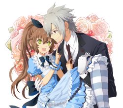 Rule 34 | 1boy, 1girl, :d, absurdres, aono (aonocrotowa), back bow, black bow, black jacket, black neckwear, blue shirt, blue skirt, bow, brown hair, carrying, collared shirt, couple, crow armbrust, eiyuu densetsu, eye contact, falcom, flower, frilled skirt, frills, glasses, gloves, green eyes, grey gloves, hair bow, high ponytail, highres, index finger raised, jacket, layered skirt, long hair, long skirt, long sleeves, looking at another, necktie, open mouth, pantyhose, pink flower, pink rose, princess carry, red eyes, rimless eyewear, rose, sen no kiseki, shirt, short sleeves, silver hair, simple background, skirt, smile, striped clothes, striped legwear, striped pantyhose, towa herschel, very long hair, white background, white shirt, wing collar, wrist cuffs