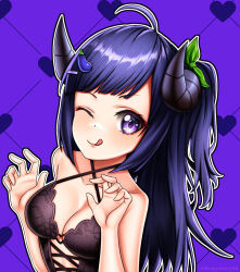 Rule 34 | 1girl, :p, breasts, cleavage, ducky (sgtducky96), eggplant, heart, horns, lingerie, medium breasts, natsumi hachi, nijigen project, one eye closed, purple background, purple eyes, purple hair, solo, tongue, tongue out, underwear, virtual youtuber