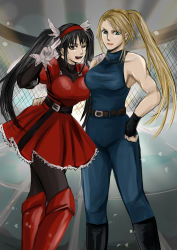 Rule 34 | 2girls, ;), arm around waist, belt, black hair, black legwear, blonde hair, bodysuit, boots, breasts, brown eyes, company connection, crossover, female focus, fighting vipers, fingerless gloves, gloves, green eyes, hairband, halterneck, hand on another&#039;s shoulder, hand on own hip, hayame (m ayame), highres, honey (fighting vipers), knee boots, large breasts, long hair, multiple girls, muscular, muscular female, one eye closed, pantyhose, ponytail, puffy sleeves, sarah bryant, sega, skirt, skirt set, sleeveless, smile, taut clothes, twintails, v over eye, virtua fighter, white gloves