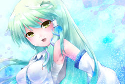 Rule 34 | 1girl, aqua background, aqua theme, bad id, bad pixiv id, blush, breasts, clumeal, detached sleeves, female focus, frog hair ornament, green eyes, green hair, hair ornament, hair tubes, highres, kochiya sanae, lips, long hair, matching hair/eyes, open mouth, smile, snake hair ornament, solo, touhou, upper body