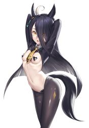 Rule 34 | 1girl, absurdres, ahoge, alternate costume, animal ears, arms up, black hair, black pantyhose, black shirt, blush, breasts, commentary, covered pussy, earrings, feet out of frame, hair over one eye, heart pasties, highres, horse ears, horse girl, horse tail, jewelry, long hair, long sleeves, looking at viewer, manhattan cafe (umamusume), meme attire, navel, necktie, open mouth, pantyhose, pasties, reverse bunnysuit, reverse outfit, shirt, simple background, single earring, small breasts, solo, symbol-only commentary, tail, ugohato, umamusume, very long hair, white background, yellow eyes, yellow necktie