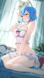 Rule 34 | 1girl, ahoge, bare shoulders, blue hair, blush, bowsan, breasts, camisole, cleavage, closed mouth, collarbone, colored tips, daifuku (yukihana lamy), elf, frilled skirt, frills, groin, hair between eyes, hair ornament, heart, heart ahoge, highres, hololive, large breasts, looking at viewer, messy hair, multicolored hair, navel, one eye closed, pink camisole, pink skirt, pointy ears, seiza, short hair, sitting, skirt, solo, streaked hair, virtual youtuber, wrist cuffs, yellow eyes, yukihana lamy, yukimin (yukihana lamy)