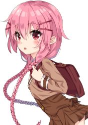 Rule 34 | 10s, 1girl, :o, backpack, bad id, bad pixiv id, bag, blush, braid, brown shirt, brown skirt, brown vest, comic girls, commentary request, fang, hair between eyes, hair ornament, hairclip, hand up, holding, leaning forward, long hair, long sleeves, looking at viewer, looking to the side, low twintails, moeta kaoruko, parted lips, pink hair, pleated skirt, red eyes, school uniform, serafuku, shirt, simple background, skirt, solo, sutei (xfzdarkt), twin braids, twintails, very long hair, vest, white background