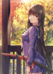 Rule 34 | 1girl, arched back, arms at sides, autumn, breasts, brown hair, closed mouth, cowboy shot, day, expressionless, from side, hip vent, katana, long hair, long sleeves, looking at viewer, looking to the side, neckerchief, original, outdoors, pleated skirt, purple shirt, purple skirt, railing, red eyes, red ribbon, ribbon, sajittari, school uniform, serafuku, sheath, sheathed, shirt, skirt, small breasts, solo, standing, sword, tree, tsurime, very long hair, weapon, white neckerchief