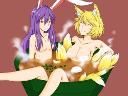 Rule 34 | 2girls, :&lt;, animal ears, bathing, blonde hair, bowl, breasts, censored, convenient censoring, food, fox ears, fox tail, in bowl, in container, in food, ishimu, kitsune udon, large breasts, long hair, mini person, minigirl, multiple girls, noodles, nude, oversized object, pun, purple hair, rabbit ears, red eyes, reisen udongein inaba, smile, steam, steam censor, tail, touhou, udon, yakumo ran