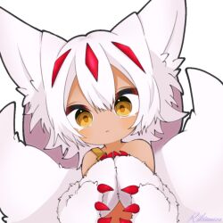 1girl animal_ears animal_hands claws closed_mouth dark-skinned_female dark_skin extra_arms faputa hands_on_own_chest head_tilt looking_at_viewer made_in_abyss monster_girl multiple_tails rikimaro short_hair simple_background solo tail upper_body white_background white_hair yellow_eyes