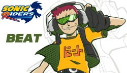Rule 34 | 1boy, beat (jsr), belt, black gloves, black jacket, blouse, clothes writing, commentary, cropped, datoonie, english commentary, fingerless gloves, gloves, green-tinted eyewear, hand on headphones, hatching (texture), headphones, highres, jacket, jet set radio, linear hatching, logo, looking at viewer, male focus, open clothes, open jacket, pants, parody, red hair, sega, shirt, short hair, short sleeves, simple background, smile, solo, sonic (series), sonic riders, sound wave, style parody, sunglasses, teeth, tinted eyewear, uekawa yuji (style), white background, yellow shirt, zoom layer