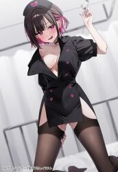 Rule 34 | 1girl, :d, black choker, black dress, black hair, black hat, black nails, black thighhighs, breasts, buttons, chigusa minori, choker, colored inner hair, commentary request, dress, groin outline, hand on own thigh, hat, heart, highres, holding, holding syringe, indoors, infirmary, kneeling, looking at viewer, medium breasts, multicolored hair, nail polish, nurse, nurse cap, on bed, one side up, open clothes, open dress, open mouth, pink hair, pink nails, purple eyes, shino to ren, shirayuki ren, short hair, short sleeves, side slit, smile, solo, syringe, thighhighs, tongue, tongue out, translation request