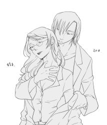 Rule 34 | 1boy, 1girl, age difference, breasts, cleavage, greyscale, hug, hug from behind, lab coat, looking at viewer, monochrome, original, sanctuary-of-apricot, undressing