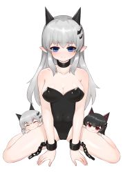 Rule 34 | &gt;:), 3girls, ^ ^, absurdres, bad id, bad pixiv id, bare legs, bare shoulders, black collar, black hair, black leotard, blue eyes, blush, breasts, chain, chibi, cleavage, closed eyes, closed mouth, collar, collarbone, covered navel, cuffs, dokomon, fang, fang out, full body, hair between eyes, hair ornament, highres, horns, leotard, long hair, looking at viewer, medium breasts, multiple girls, original, pointy ears, red eyes, silver hair, simple background, strapless, strapless leotard, v-shaped eyebrows, white background