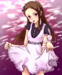 Rule 34 | 10s, 1girl, :p, blush, brown hair, clothes lift, dress, dress lift, emanon123, female focus, idolmaster, idolmaster (classic), idolmaster 2, minase iori, purple eyes, solo, stuffed animal, stuffed rabbit, stuffed toy, tongue, tongue out
