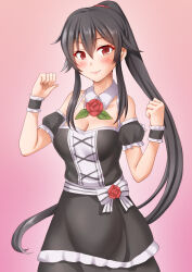 Rule 34 | 1girl, alternate costume, anti (untea9), black dress, black hair, breasts, cleavage, detached sleeves, dress, flower, gradient background, hair between eyes, highres, kantai collection, long hair, medium breasts, pink background, ponytail, red eyes, rose, scrunchie, solo, wrist cuffs, yahagi (kancolle)