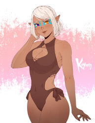 Rule 34 | 1girl, artist name, black one-piece swimsuit, breasts, cleavage cutout, clothing cutout, commission, cowboy shot, dark-skinned female, dark skin, elezen, elf, facial mark, final fantasy, final fantasy xiv, heterochromia, highres, koyorin, large breasts, lips, one-piece swimsuit, parted bangs, pointy ears, purple eyes, short hair, solo, swimsuit, warrior of light (ff14), white hair, yellow eyes