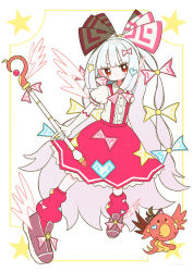 Rule 34 | 1girl, adapted costume, animalization, bow, card (medium), center frills, closed mouth, dotaku (wran8845), elbow gloves, foot wings, footwear ornament, frills, fujiwara no mokou, fujiwara no mokou (phoenix), full body, gloves, hair bow, highres, hime cut, holding, holding wand, jitome, large bow, long hair, looking at viewer, magical girl, multiple hair bows, ofuda, ofuda on clothes, puffy short sleeves, puffy sleeves, red eyes, red skirt, shirt, short sleeves, skirt, smile, solo, star (symbol), star print, suspender skirt, suspenders, touhou, very long hair, wand, white gloves, white hair, white shirt, yume kawaii