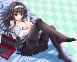 Rule 34 | 1girl, ass, black hair, breasts squeezed together, breasts, cleavage, computer, condom, condom in mouth, crotch seam, feet, female focus, hairband, kasumigaoka utaha, laptop, large breasts, long hair, long legs, lying, mouth hold, no shoes, noritama (gozen), off shoulder, on back, panties, panties under pantyhose, pantyhose, red eyes, saenai heroine no sodatekata, school uniform, skirt, solo, thighband pantyhose, toes, underwear, upskirt