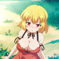 Rule 34 | 1girl, aki minoriko, bare shoulders, blonde hair, blurry, blurry background, breasts, cato (monocatienus), collarbone, dutch angle, from above, glass, highres, large breasts, outdoors, red eyes, solo, touhou