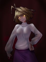 Rule 34 | 00s, 1girl, akimichi, antenna hair, arcueid brunestud, blonde hair, blood, blood on face, blood splatter, breasts, colored sclera, glowing, glowing eyes, hair intakes, hand on own hip, long skirt, melty blood, purple skirt, red sclera, short hair, skirt, slit pupils, solo, sweater, tsukihime, turtleneck, red arcueid, yellow eyes
