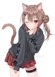 Rule 34 | 1girl, animal ear fluff, animal ears, anz32, brown hair, cat ears, cat girl, cat tail, closed mouth, commentary, drawstring, grey hoodie, hair between eyes, hair bun, hand up, hood, hood down, hoodie, long sleeves, looking at viewer, nina (anz32), one eye closed, original, plaid, plaid skirt, pleated skirt, puffy long sleeves, puffy sleeves, red eyes, red skirt, side ponytail, simple background, single side bun, skirt, sleeves past wrists, solo, standing, symbol-only commentary, tail, thigh strap, twitter username, v over mouth, white background