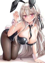 Rule 34 | 1girl, all fours, animal ears, bare arms, bare shoulders, between breasts, black leotard, black necktie, black ribbon, breasts, brown pantyhose, cleavage, collar, commentary, detached collar, english commentary, fake animal ears, fake tail, grey hair, hair ribbon, hand up, highres, large breasts, leotard, long hair, looking at viewer, mikeneko mari, nail polish, necktie, necktie between breasts, one side up, original, pantyhose, parted lips, playboy bunny, rabbit ears, rabbit tail, raised eyebrows, red eyes, ribbon, strapless, strapless leotard, tail, thighs, very long hair, white collar, wrist cuffs