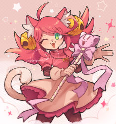 Rule 34 | 1girl, animal ears, bell, cat ears, cat tail, gloves, green eyes, jingle bell, long hair, mad mew mew, magical girl, pink hair, pink ribbon, puffy short sleeves, puffy sleeves, ribbon, short sleeves, skirt, smile, solo, tail, undertale, wand, white gloves, wink