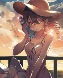 Rule 34 | 1girl, arm at side, asuzemu, bare shoulders, blue ribbon, blurry, breasts, brown hair, cloud, cloudy sky, collarbone, depth of field, dress, hair between eyes, hand up, hat, holding, lens flare, looking at viewer, original, outdoors, parted lips, railing, ramune, ribbon, short hair, sky, small breasts, solo, standing, sun hat, sundress, sunset, white dress, window, yellow eyes