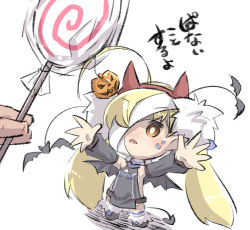 Rule 34 | 1girl, ahoge, azur lane, bad id, bad pixiv id, bandaged head, bandages, bat (animal), black dress, black footwear, blonde hair, blush, boots, breasts, brown eyes, candy, chibi, commentary request, demon tail, detached sleeves, dress, eldridge (azur lane), facial mark, fake horns, fang, food, fur-trimmed boots, fur trim, hair over one eye, halloween, halloween costume, holding, holding candy, holding food, holding lollipop, horns, jack-o&#039;-lantern, lollipop, long hair, long sleeves, outstretched arms, parted lips, puffy long sleeves, puffy sleeves, sleeveless, sleeveless dress, small breasts, solo focus, standing, swirl lollipop, tail, translation request, twintails, u-non (annon&#039;an), very long hair, white background