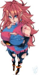 Rule 34 | 1girl, android, android 21, arc system works, bare shoulders, blue eyes, breasts, breath, brown hair, bruise, bruise on face, checkered clothes, checkered dress, cleavage, detached sleeves, dragon ball, dragon ball fighterz, dress, earrings, female focus, full body, hair between eyes, highres, hoop earrings, injury, jewelry, kinakomochi (user vedc2333), large breasts, long hair, looking at viewer, lower teeth only, open mouth, pantyhose, signature, solo, standing, sweat, teeth, tongue, torn clothes, very long hair, white background