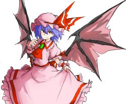Rule 34 | 1girl, ascot, bad id, bad pixiv id, bat wings, blue hair, bow, fang, hat, hat bow, highres, kankan33333, mob cap, red eyes, remilia scarlet, solo, touhou, white background, wings