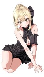 Rule 34 | 1girl, arm strap, arm support, artoria pendragon (all), artoria pendragon (alter swimsuit rider) (fate), artoria pendragon (alter swimsuit rider) (first ascension) (fate), artoria pendragon (fate), bad id, bad pixiv id, bare shoulders, black ribbon, blonde hair, blush, braid, breasts, chirang, cleavage, cleavage cutout, clothing cutout, cropped legs, fate/grand order, fate (series), frills, frown, hair bun, hair ribbon, looking at viewer, medium breasts, one-piece swimsuit, ribbon, saber alter, sidelocks, simple background, single hair bun, sitting, solo, swimsuit, v-shaped eyebrows, white background
