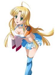 Rule 34 | 10s, 1girl, :d, ahoge, asia argento, blonde hair, blue skirt, blue thighhighs, blush, boots, breasts, cleavage, collarbone, crop top, floating hair, green eyes, high school dxd, holding, leaning forward, long hair, medium breasts, midriff, miniskirt, open mouth, shiny skin, skirt, smile, solo, thigh boots, thighhighs, transparent background, very long hair