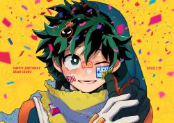 Rule 34 | 2boys, bakugou katsuki, birthday, blurry, blurry foreground, blush, boku no hero academia, cape, character name, confetti, crying, crying with eyes open, english text, floral background, flower, freckles, gloves, green eyes, green gloves, hair between eyes, hand on another&#039;s hand, happy, happy birthday, happy tears, highres, lower teeth only, male focus, mask, mask on head, unworn mask, meteorabbit (shion69), midoriya izuku, multiple boys, one eye closed, orange gloves, out of frame, pov, short hair, smile, solo focus, spoilers, sticker, sunflower, tears, teeth, timestamp, torn cape, torn clothes, twitter username, two-tone gloves, white gloves, yellow cape