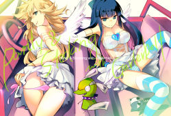Rule 34 | 10s, 2girls, angel wings, ass, blue eyes, breasts, bridal gauntlets, chuck (psg), cleavage, corset, female focus, from behind, large breasts, long hair, looking back, multiple girls, open mouth, panties, panty &amp; stocking with garterbelt, panty (psg), panty pull, pink panties, see-through (psg), siblings, sisters, skirt, smile, stocking (psg), striped clothes, striped legwear, striped panties, striped thighhighs, thighhighs, tousaki umiko, underwear, wings