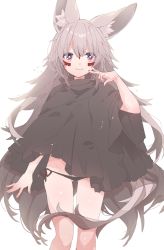 Rule 34 | 1girl, akasha (syakoba), animal ear fluff, animal ears, black panties, borrowed character, commentary request, facepaint, grey hair, highres, konpe itou, long hair, naked poncho, original, panties, poncho, red eyes, side-tie panties, simple background, smile, tail, torn clothes, underwear, very long hair, white background, wolf ears, wolf tail