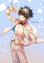Rule 34 | 1boy, arm up, black hair, blue bow, blue bowtie, blue eyes, bow, bowtie, charlemagne (fate), fate/grand order, fate (series), feet out of frame, flower, hand on own hip, holding, holding flower, jacket, long sleeves, looking at viewer, male focus, multicolored hair, one eye closed, open clothes, open jacket, pants, parted lips, ribbed shirt, rose, shirt, short hair, simple background, smile, solo, streaked hair, tomato (otom67), twitter username, two-tone hair, vest, white flower, white hair, white jacket, white pants, white rose, white shirt, white vest