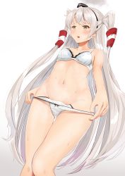 Rule 34 | 1girl, amatsukaze (kancolle), blush, bra, breasts, brown eyes, from below, gradient background, grey background, hair between eyes, hair tubes, hat, highres, kantai collection, long hair, mini hat, navel, open mouth, panties, pulling own clothes, silver hair, small breasts, smoke, solo, sweatdrop, thighs, two side up, underwear, underwear only, very long hair, white background, white bra, white panties, zuki